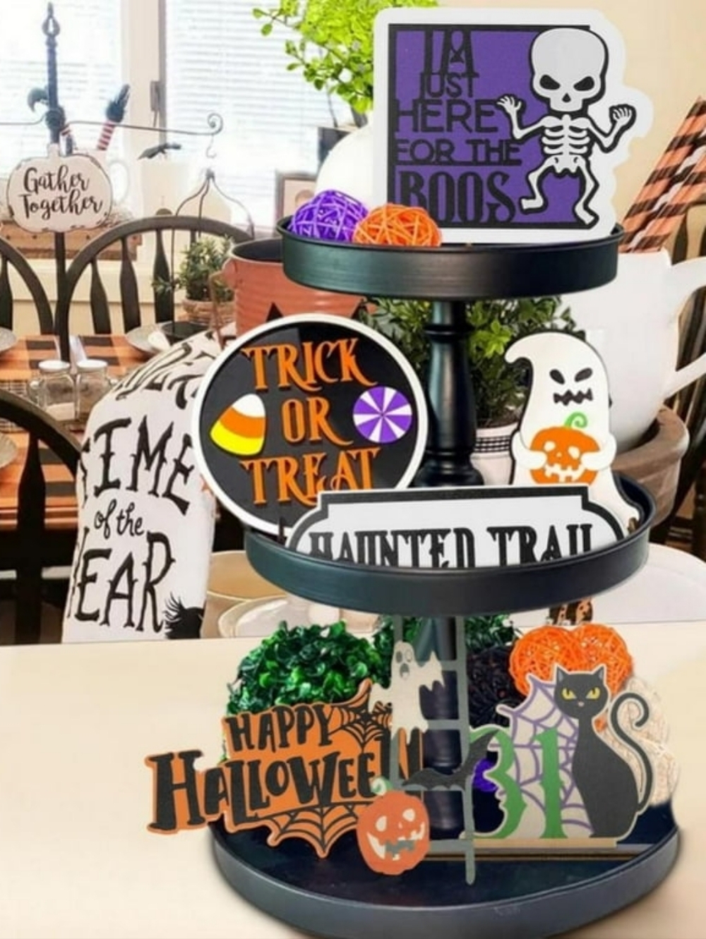👻 6pc Halloween Tiered Tray Decor Set Trick Or Treat Skeleton Ghost Black Cat